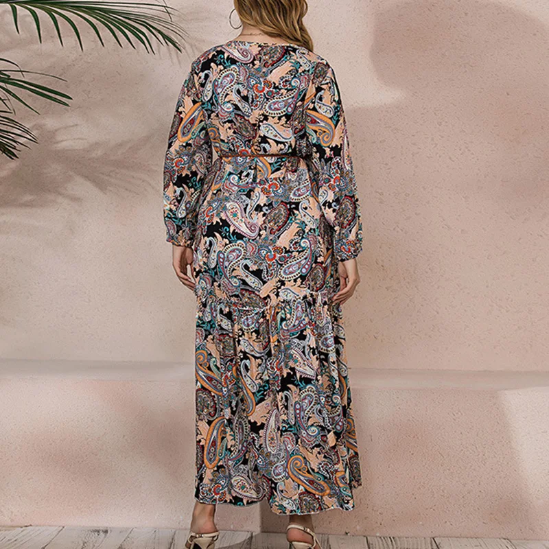 Spring Summer Women's Clothing Vintage Paisley Figure Print V-Neck Lacing Loose Long Sleeve Plus Size Swing Irregular Long Dress