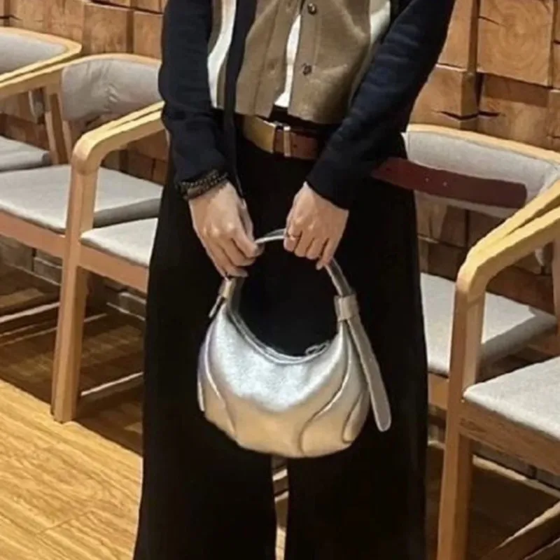 Retro Silver Zipper Tote Bag Women Stitching Leather Large Capacity Shoulder Bag Ladies Hot Girl Fashion Trendy Y2k Underarm Bag