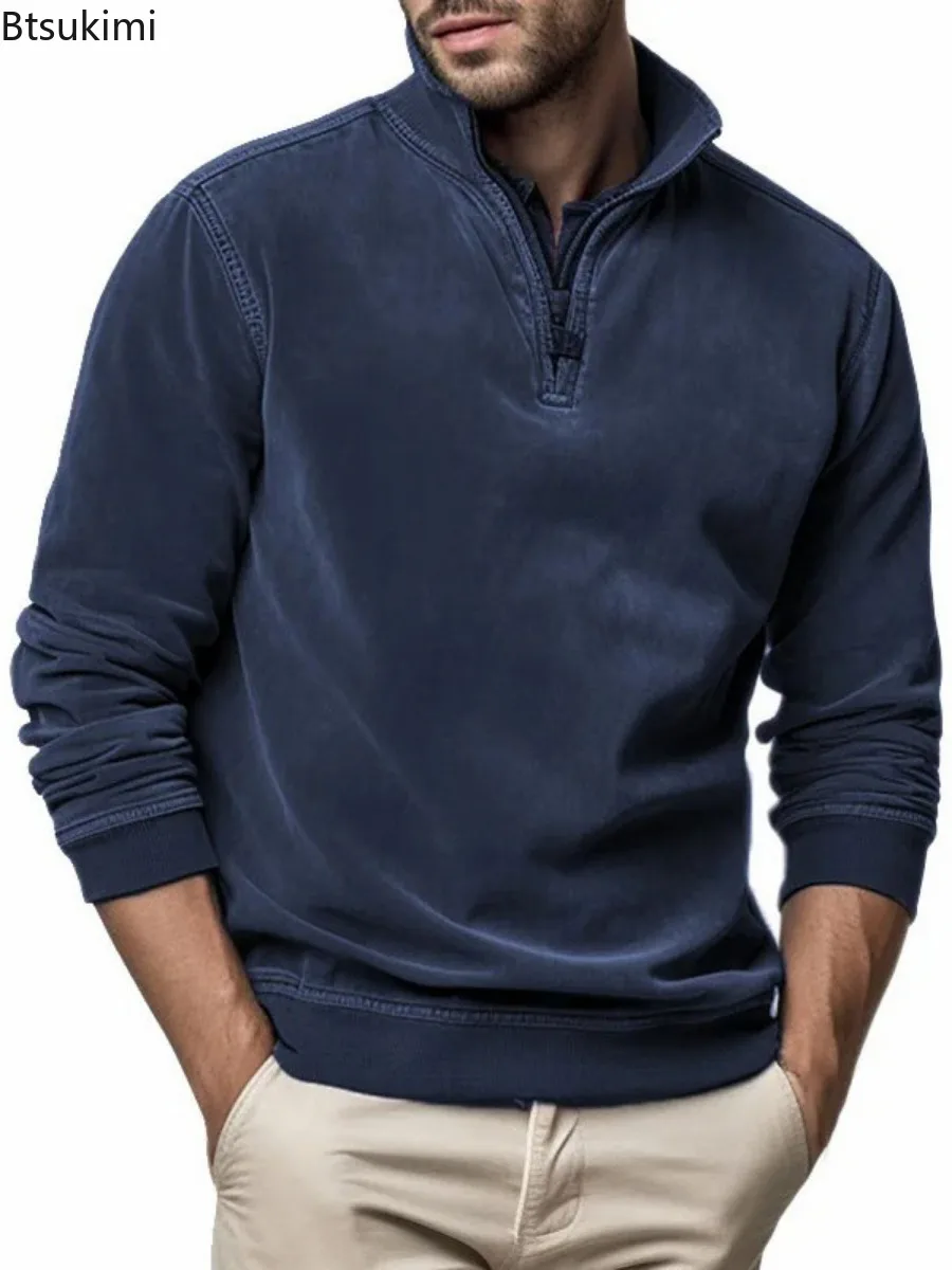 New 2024 Spring Autumn Men's Hoodies Sweatshirts Fashion Stand Collar Half Zip Pullovers Man Trend Streetwear Casual Sport Tops