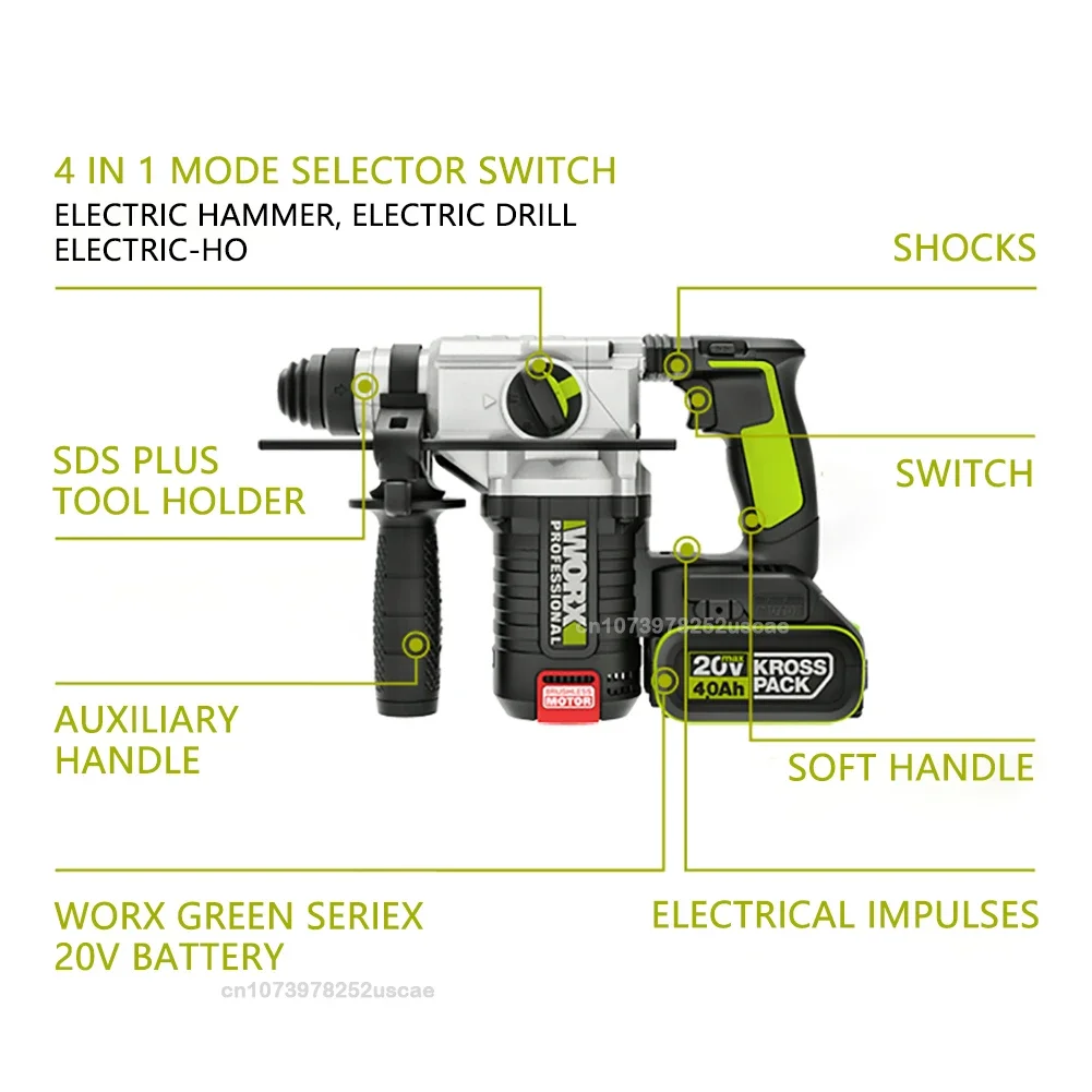 WORX WU388F 24mm cordless brushless /Rotary hammer power tools drill concrete/brick/professional/Impulse hammer 20V 2