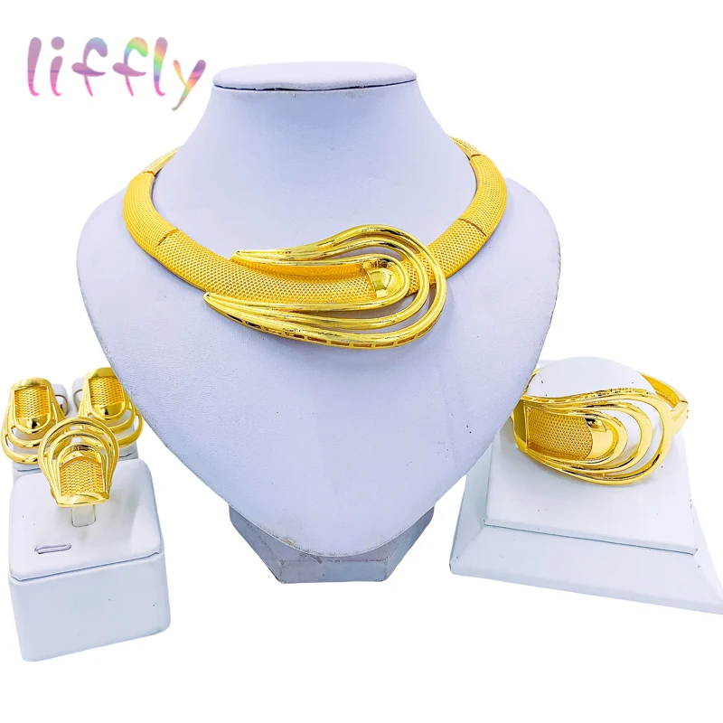 

Liffly 2023 Новый Модный Ювелирный Набор преувеличенное ожерелье Серьги очаровательный женский браслет кольцо набор вечерние золотые аксессуары