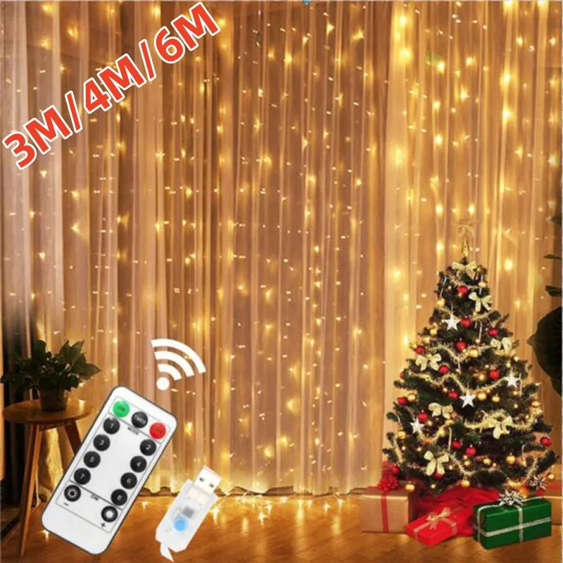 3M 4M 6M LED Curtain Garland on The Window USB Festoon Fairy Lights with Remote New Year Garland Led Lights Christmas Decoration lamp projector halloween garden decoration light wonderland horror movies with tripod lighting show window dj halloween