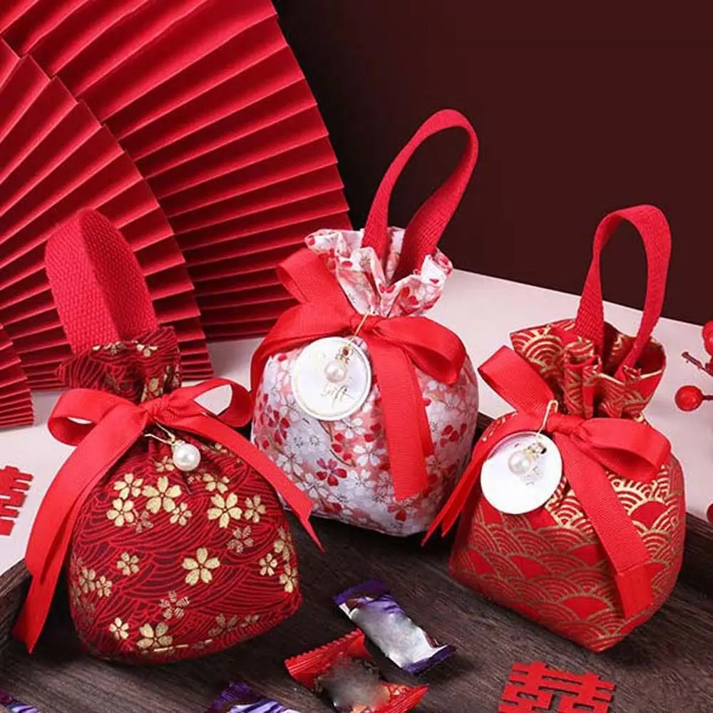 

Sakura Canvas Floral Drawstring Bag Pearl Pendant Stripe Bowknot Handbag Storage Bag Large Capacity Ribbon Bow Wrist Bag Party
