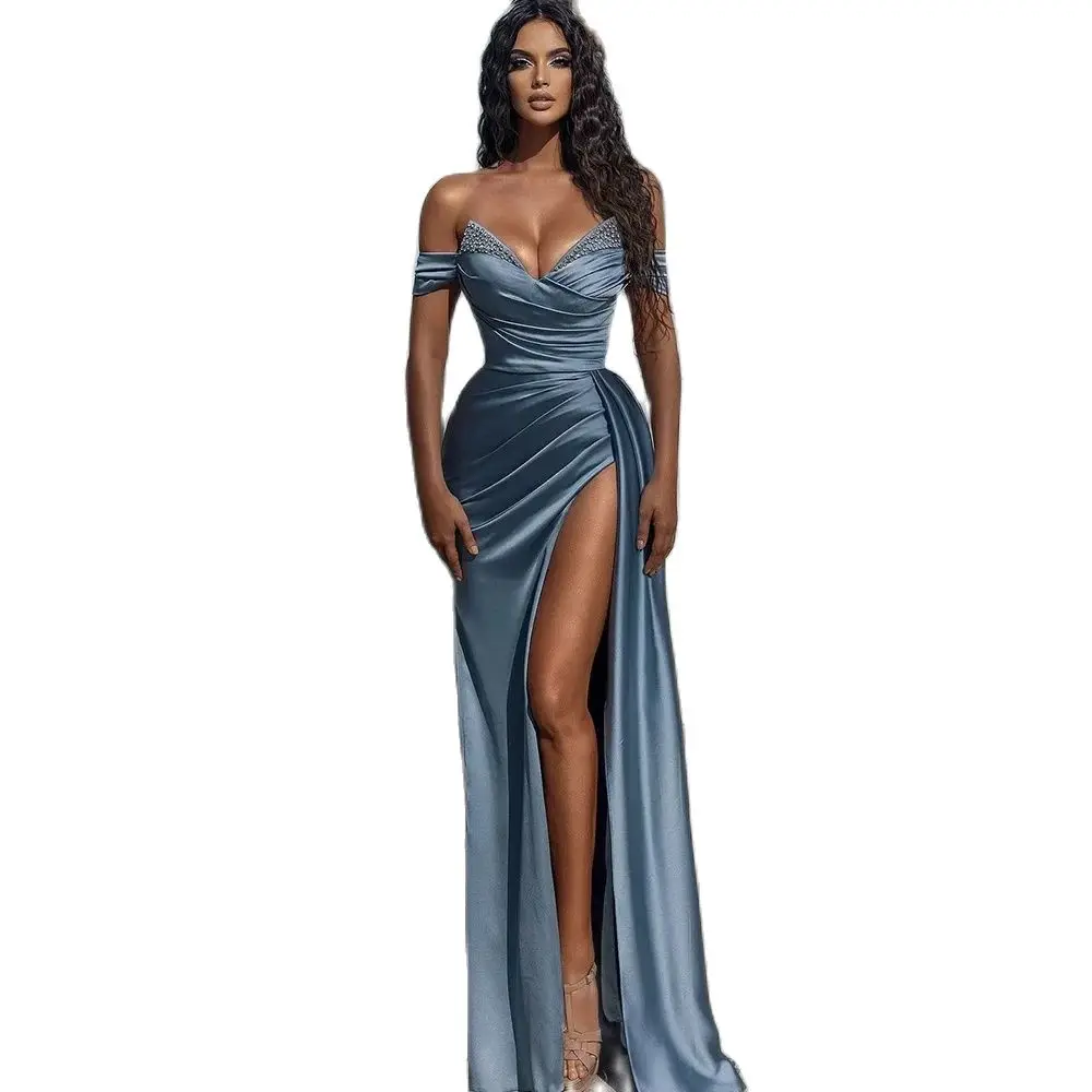 Sexy High Slit Gray Blue Maxi Dress For Women Luxury Sequins Satin Bodycon Female Dresses for Casual Evening Party Prom Gown