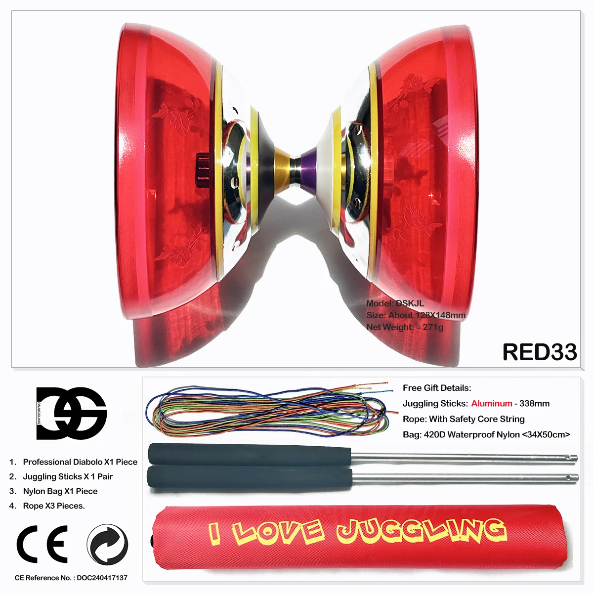 LED Diabolo Tripler Roulement à Billes Kit Jonglerie - Lumineux Diabolo