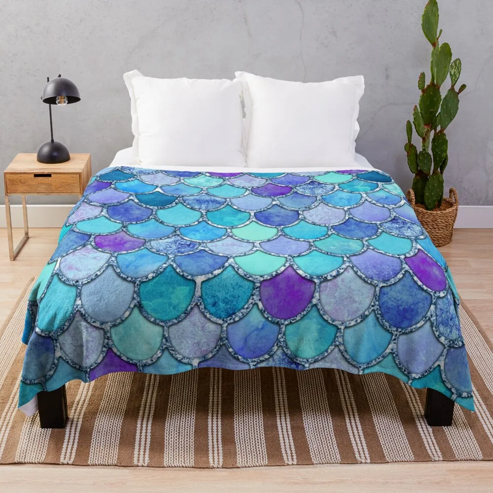 

Colorful Blues Mermaid Scales Throw Blanket Soft Plush Plaid Stuffeds For Sofa Thin Blankets