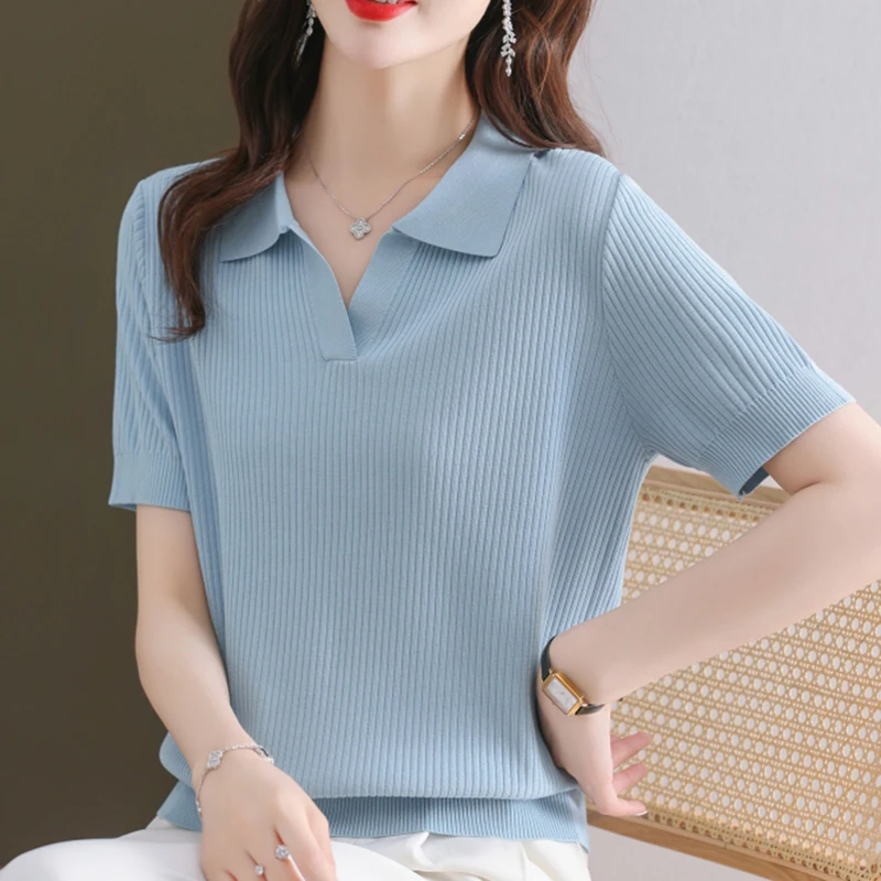 

Turn Down Collar Short Sleeve T Shirt for Women 2023 Summer Fashion Solid Tshirts Black Knitted Tops Female Thin Tee Shirt Femme