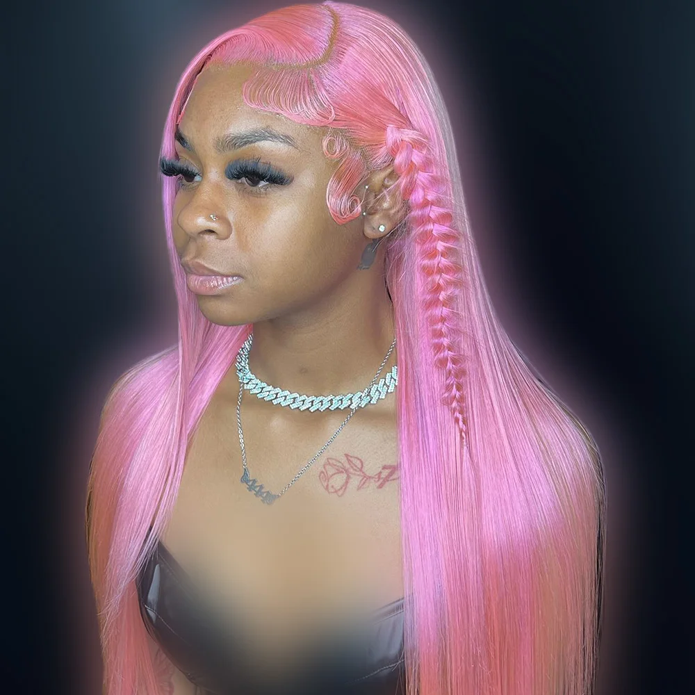 

Pink Colored 13x4 13x6 Lace Frontal Wig Straight Human Hair Lace Front Wigs Pre Plcuked Transparent Wig For Women 250 Density