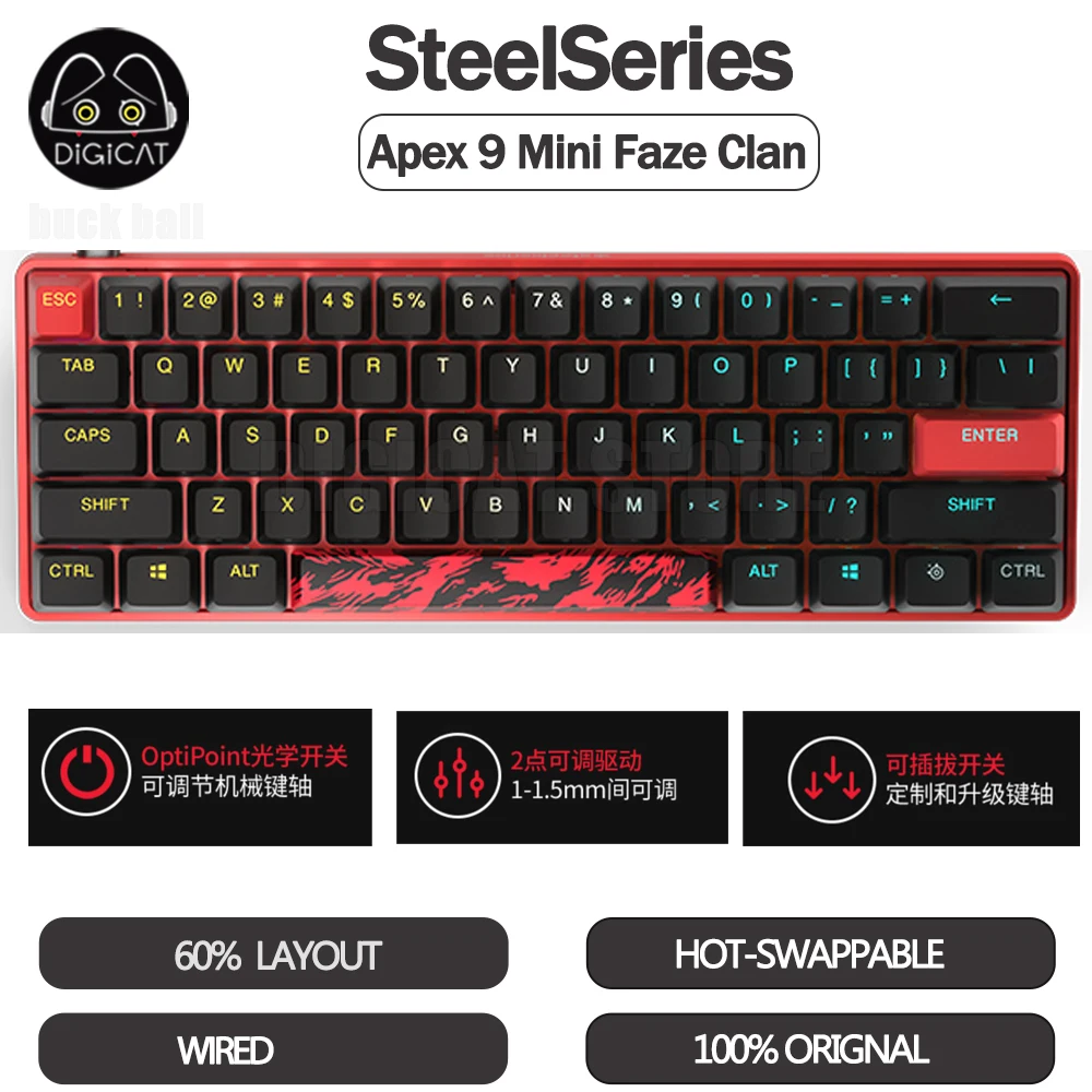 

Клавиатура игровая SteelSeries Apex 9 Mini Faze Clan, проводная раскладка 60% клавиатуры PBT Hot-swap RGB, игровая клавиатура для киберспорта, для ПК, подарки