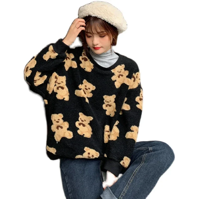 Tops Korean Winter Sweatshirts Lamb Hair Kawaii Cartoon Bear Print Long Sleeve O Neck Thick Warm Harajuku Ladies Fashion Hoodie