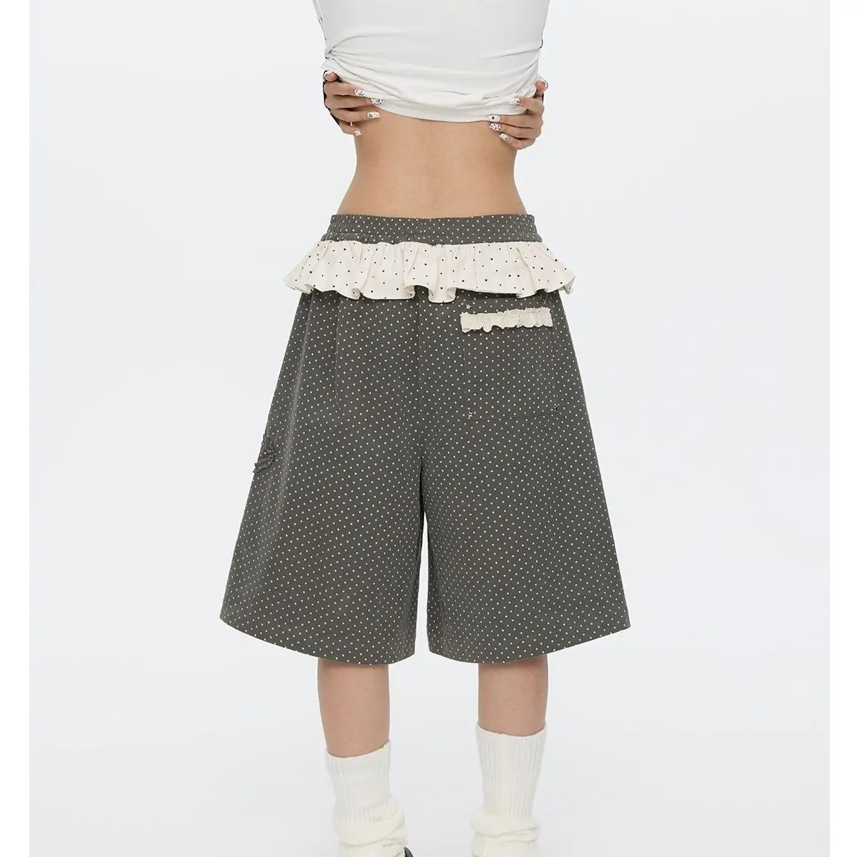 Patchwork Polka Dot Shorts for Women 2025 New Bottoms Ruffles Straight Wide Leg Pants Summer Casual Pantalones Cortos De Mujer