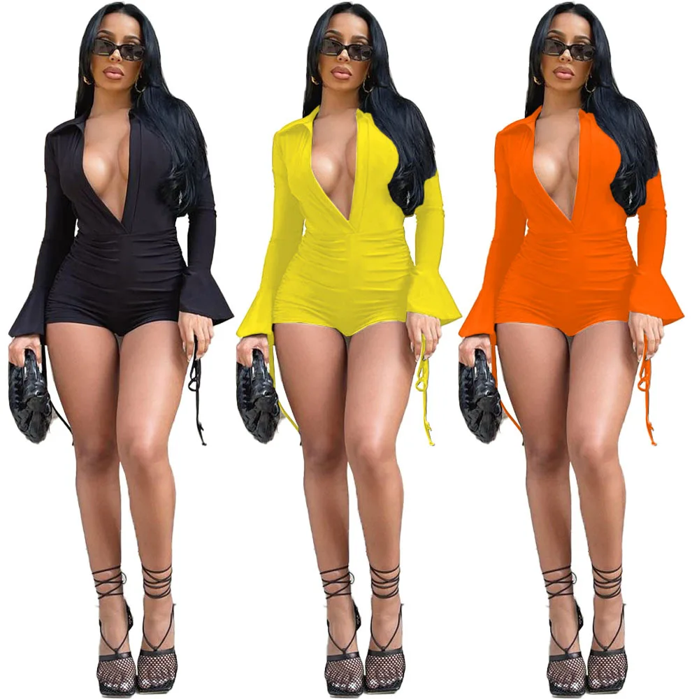 Women's High-Elastic Slim-Fit Jumpsuit, Sexy V Neck, Long Sleeve Shorts, Strappy, Monochromatic, Prom Dress, Fall, Summer, New