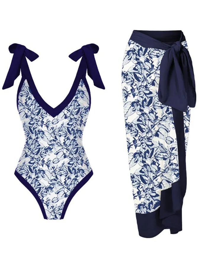 V-Neck Print Hollow Swimwear For Women 1 Piece Swimsuit and Cover Up Beach Wear Adjustable Shoulder Straps Sexy / New 2023
