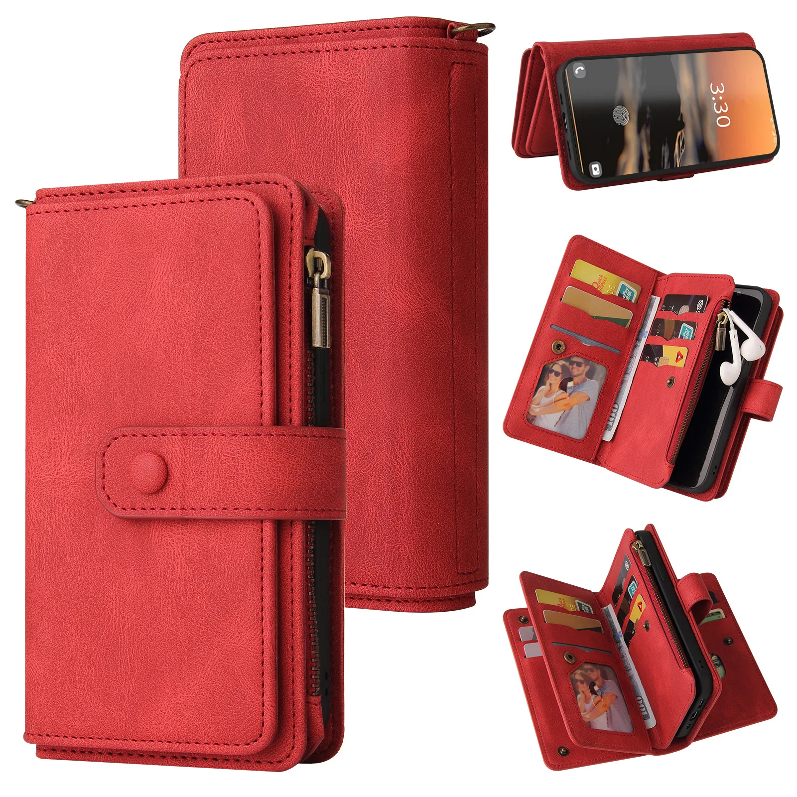 Luxury Leather Multi-Card Zipper Wallet with Lanyard Wristlet