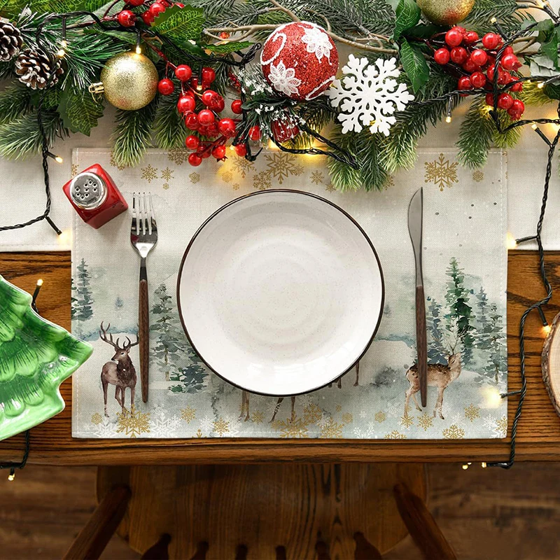4Pcs Christmas Tree Elk Placemat Linen Dining Table Mats Coaster Bowl Coffee Cup Pad Mat 2024 Navidad Home Kitchen Decoration