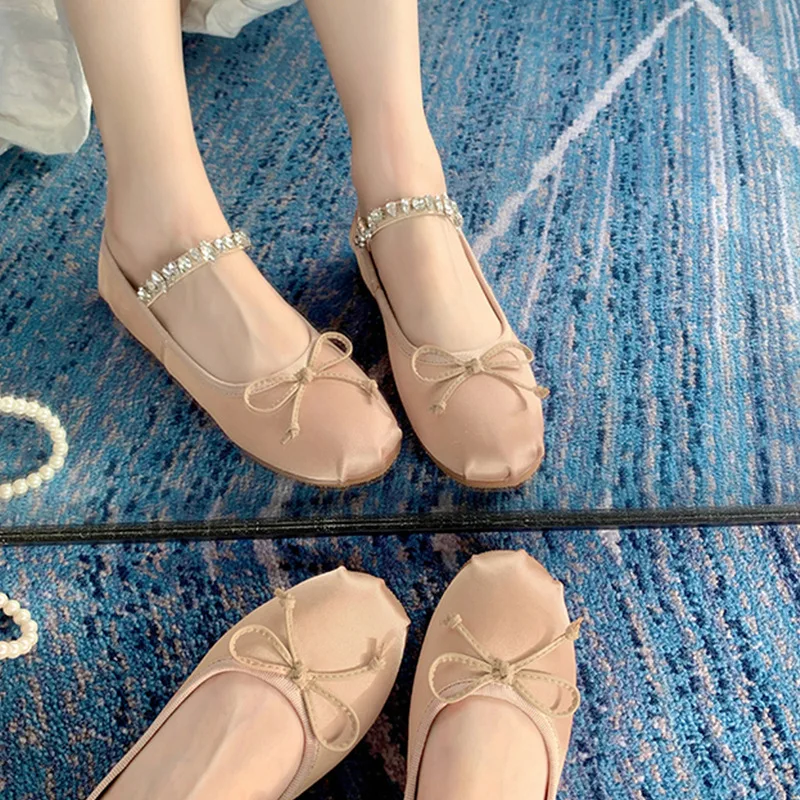Rhinestones Mary Janes Shoes for Women Ballet Flats Shiny Elegant Designer Shoes Ladies Satin Slip on Loafers Shoes New in 2023 3
