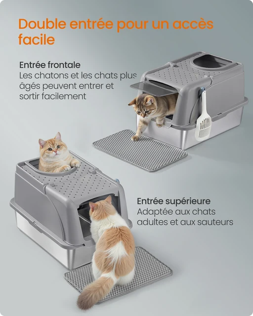 Bac à litière pour chat, en acier inoxydable, avec couvercle basculant, anti-fuite, pelle, brosse, double entrée, pour chats jusqu'à 15 kg 5 Bac à litière pour chat, en acier inoxydable, avec couvercle basculant, anti-fuite, pelle, brosse, double entrée, pour chats jusqu'à 15 kg 5