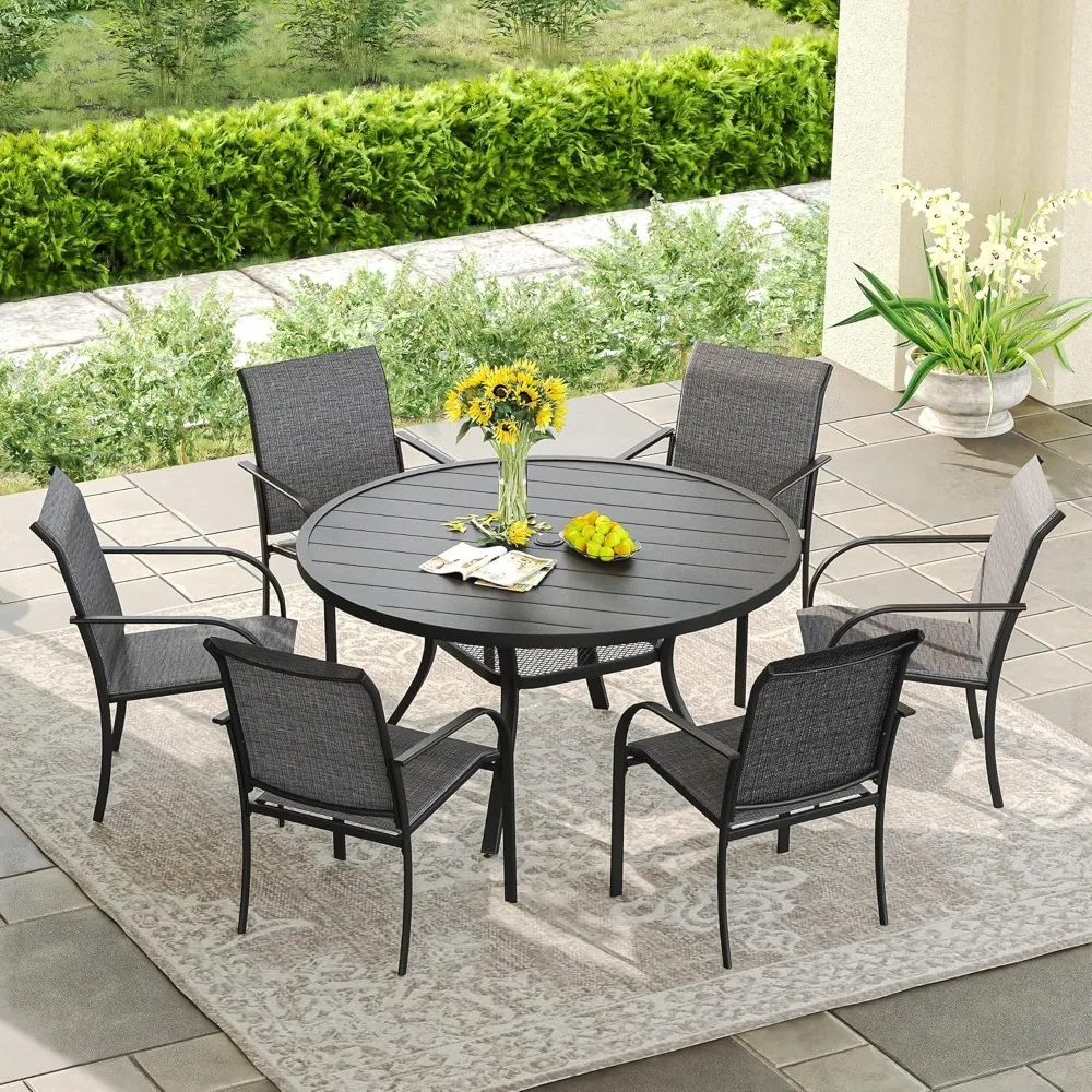 

Outdoor Dining Furniture Set Includes 47.2" Black Round Table with Adjustable Umbrella Hole, Grey Stackable Metal Outdoor Chairs