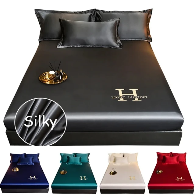 High-end Satin Fitted Sheet with Elastic Band Solid Color Silky Bed Sheet Smooth Non-Slip Mattress Cover Bedspreads Bed Linen 1
