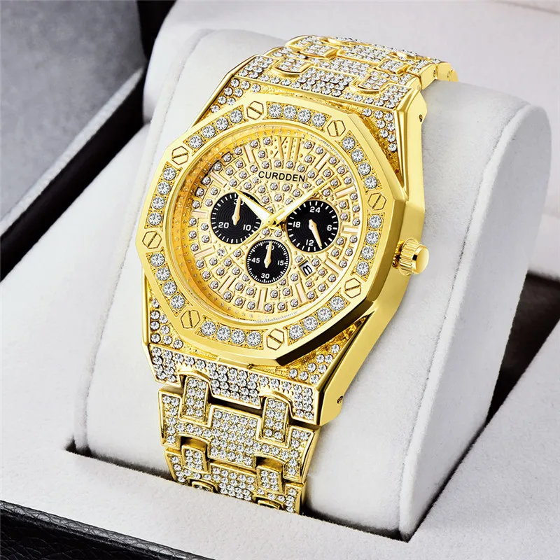 Original CURDDEN Big Brand Golden Watches For Men Fashion Alloy Band Hip Hop Diamond Date Quartz Watch Montres de Marque de Luxe