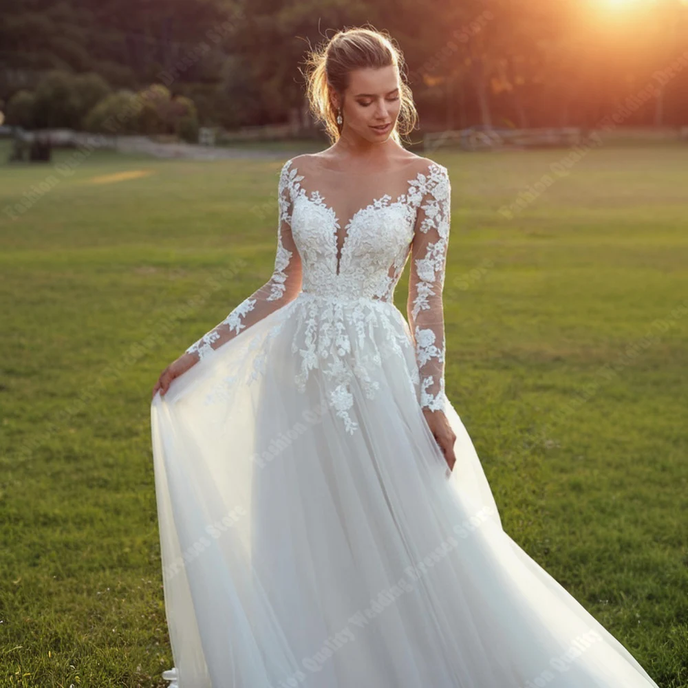 Elegant Shining Tulle Women Wedding Dresses Sexy V- Neck Backless Long Sleeves Mopping Length Party Vestidos De Novia Customized 3