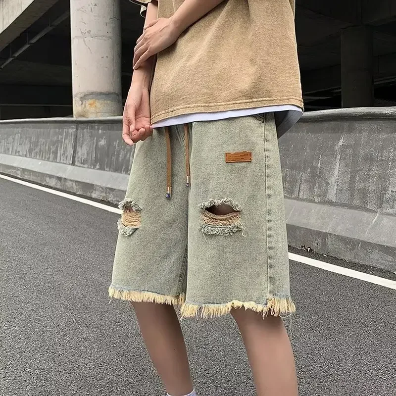 Men's Summer Thin Casual Denim Shorts Vintage Five-Point Pants Loose Fit Trendy Brand Hole Punching Short Length Casual Trousers
