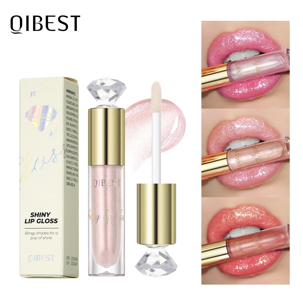 QIBEST 5 Colors Glitter Lip Glaze Long Lasting Lip Gloss Moisturizing Diamond Liquid Lipstick Makeup Shimmer Lipgloss Lip Tint