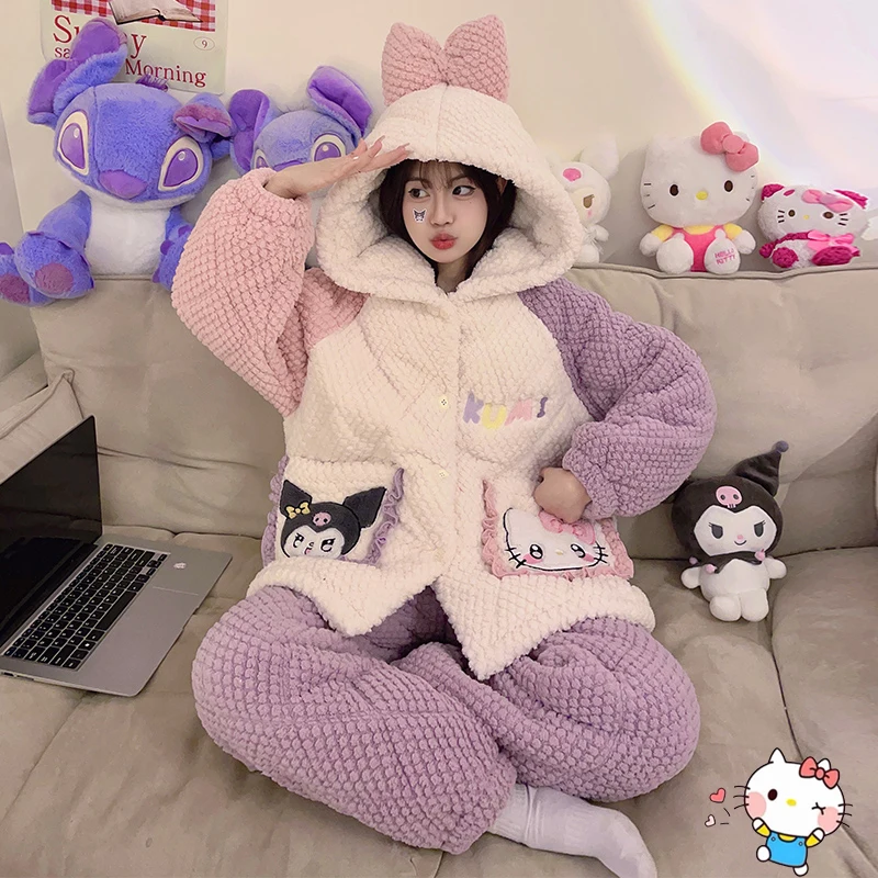 

Sanrios Hello Kitty Kuromi Plush Sleepwear Kt Cat Winter Thickening Coral Velvet Pajamas Cute Household Clothes Christmas Gift