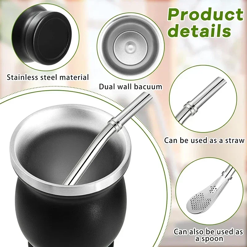 Yerba Mate Cup Double Wall Argentine Yerba Mate Gourd Bombillas Cleaning Brush Stainless Steel Tea Coffee Water Mug Yerba Mate Cup Stainless Steel Cups Stainless Steel Cup Stainless Steel Mug