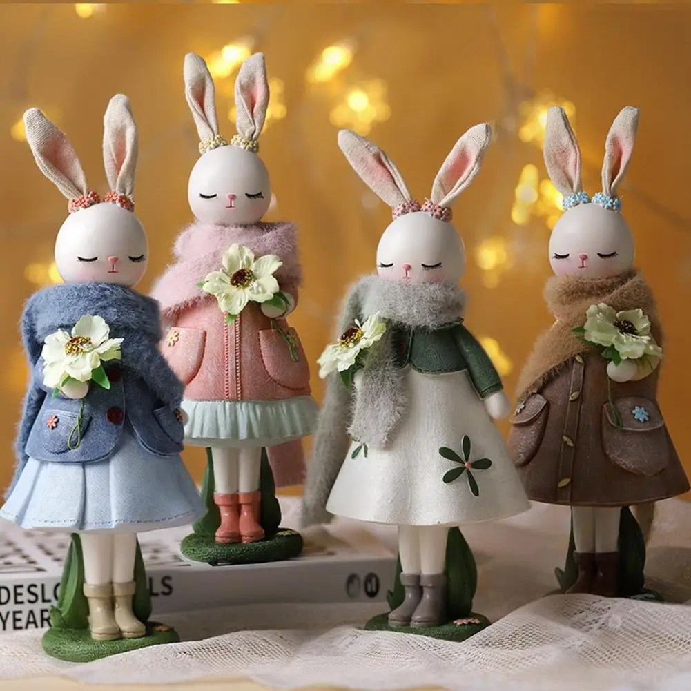 

Rabbit Ornament Figurine Long Ears Decorative Resin Cute Holding Flower Bunny Statue Kids Room Ornament easter decoration 2023