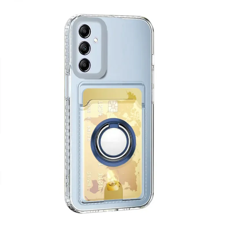 Transparent Card Slot Wallet Holder Silicone Case with Magnetic Ring Stand and Soft Cover