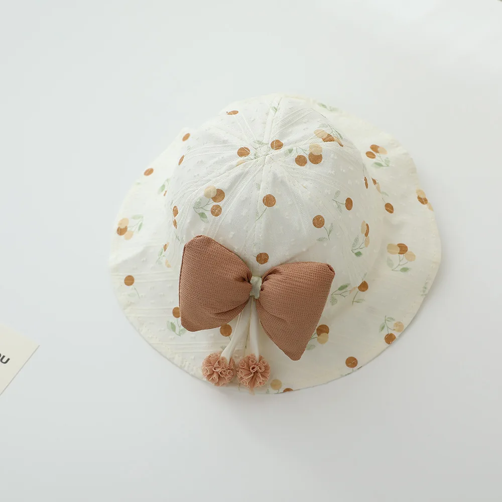 New Spring Summer Fruit Print Baby Sun Hat Big Bow With 2 Hanging Balls Girls Fisherman Cap Cute Princess Bucket Hat