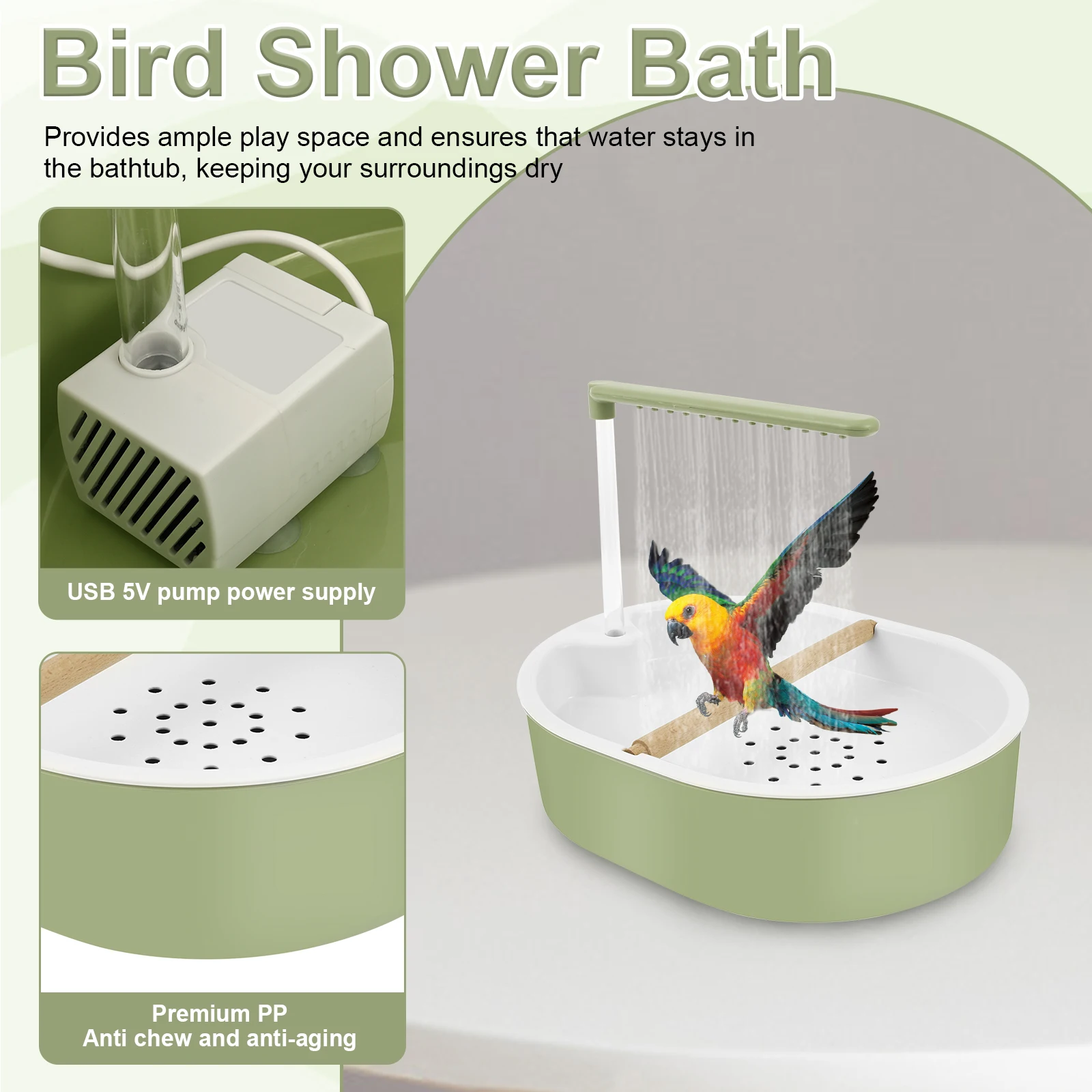 Circulating Water Bird Bathtub USB Electric Automatic Parrot Bathtub Cage Parrot Bird Shower Bath Pet Supplies Accessories Green