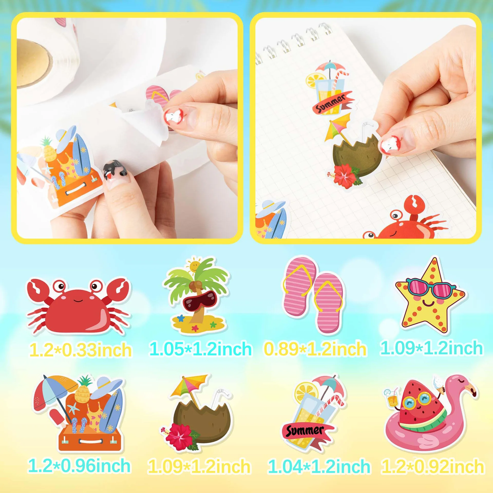 500 Pcs 여름 스티커 롤 하와이 열대 해변 자체 접착 라벨 루아우 파티 용품 휴일 DIY 공예품 장식
