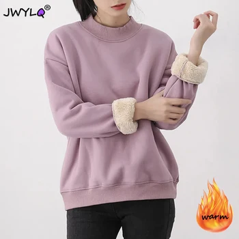 여성용 양털 M-4xl 따뜻한 단색 심플 스웻셔츠, 가을 겨울 플러스 벨벳 루즈 O-넥 탑, 2023 신상 Sudaderas 아웃웨어