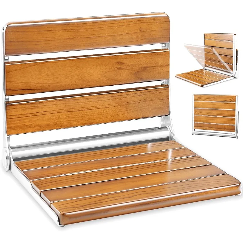 Upgraded ADA Compliant Folding Teak Shower Seat Wall Mounted - Larger Teak Shower Bench, Home Care Folding Shower Seat 6