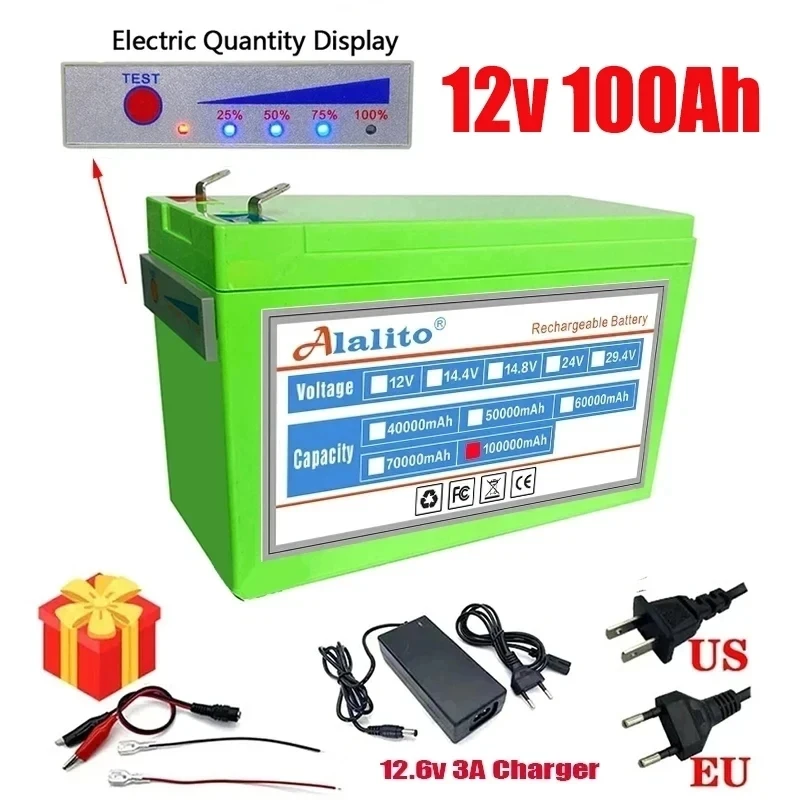 

NEW Sprayers 12V 100Ah Built-In High Current 30A BMS 18650 Lithium Battery Pack For Electric Vehicle Batterie 12.6V Charger