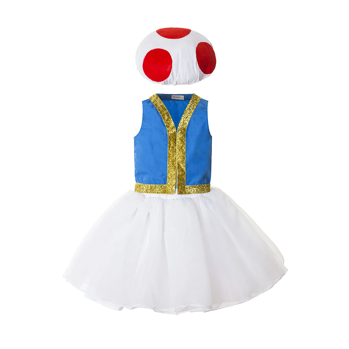 thumbnail image 1 of Disfraz de hongo, disfraz de sapo, Toadette, Super Bros, disfraz de Cosplay, gorro de Halloween, camiseta, chaleco azul, conjunto de 3 piezas, 1 of 5