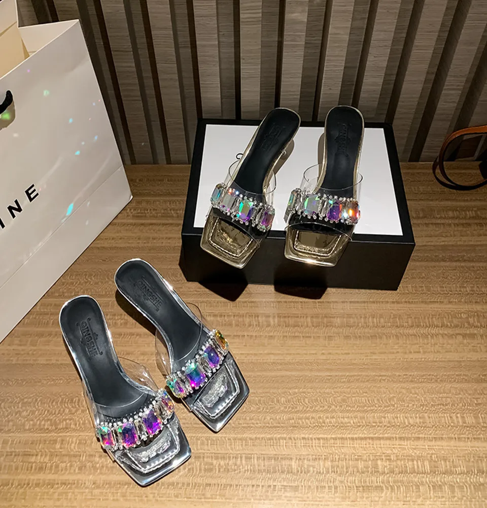 

Bordered Rhinestone Solid Colors Sandals Thin High Heel Open Toe 2023 Fashion Summer Women Shoes Casual Zapatillas Mujer