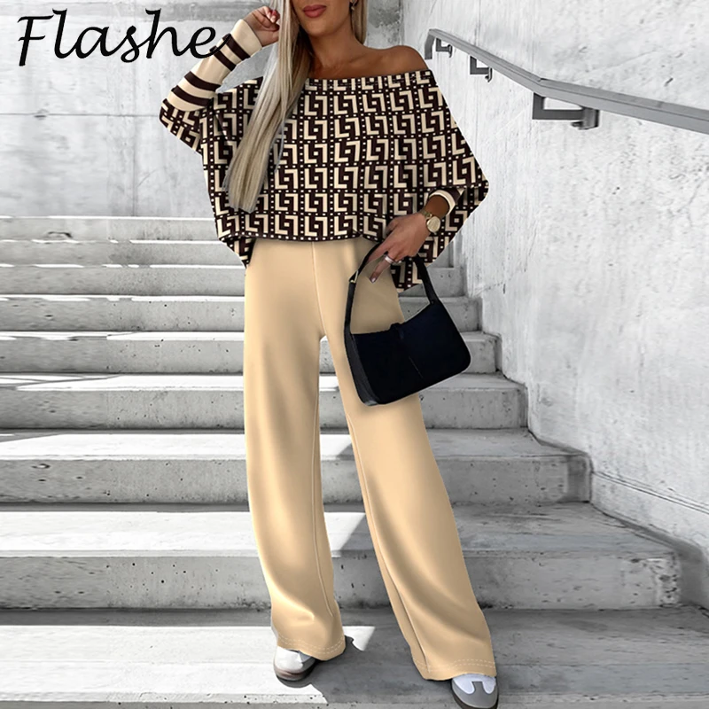 

Женский Повседневный комплект из двух предметов, блузка с длинным рукавом и винтажным принтом, свободные брюки с высокой талией