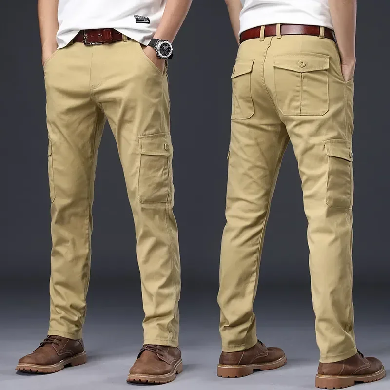 Spring Autumn Men's Cargo Pants Mens Casual Multi Pockets Military Large Size Tactical Trousers Men Cotton Straight Pants Black