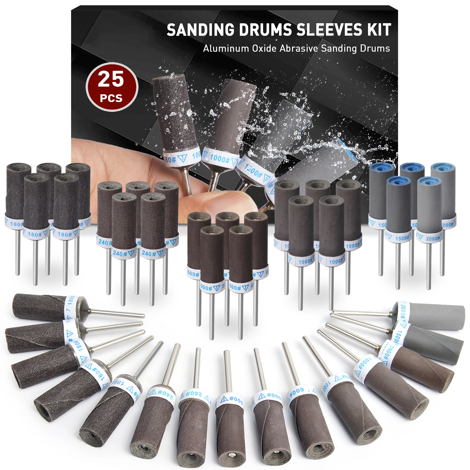 25Pcs Sanding Drums Sandpaper Sticks Set With 1/8"(3mm) Shank For Dremel Rotary Tool, 180/240/600/1000/1500/2000 Grits Different - 1420