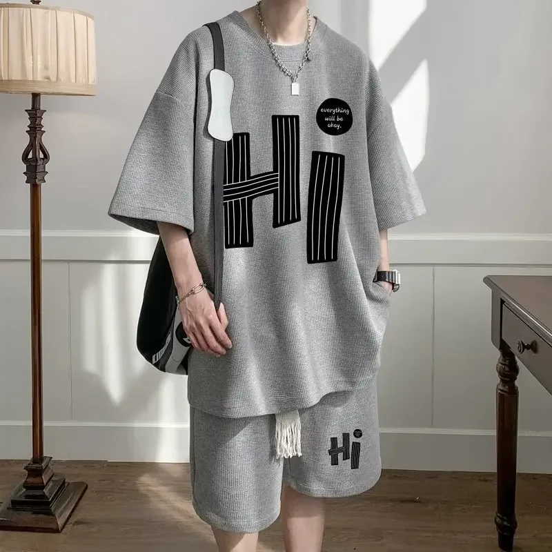Casual Men's Summer T-Shirt Shorts Two-Piece Set Loose Fit Hong Kong Style Printed Plus Size Sportswear 4