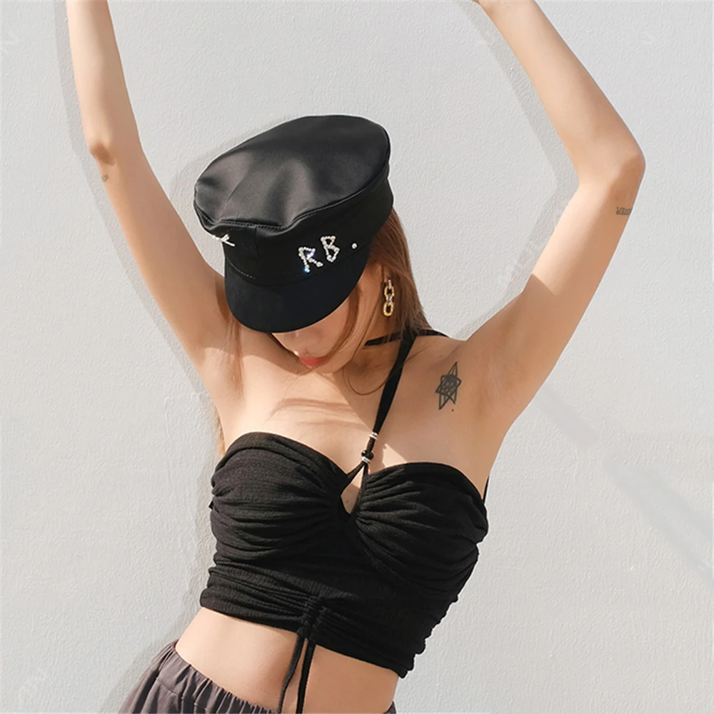 Women hats women military hat Trendy satin letters flat top military hats brand designer spring summer newsboy cap crystal baker boy hat visor