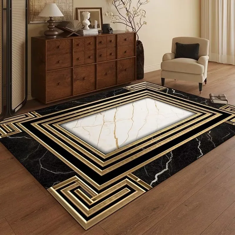 Modern Luxury Carpet Living Room Decor Non-slip Coffee Tables Geometric Foot Mat Large Black Gold Area Decoration Bedroom Rug 2