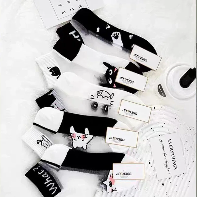 5-60Pairs Kawaii Summer Short  Crystal Silk  Black And White Cat Breathable Wear-Resistant And Odor Proof Summer Socks