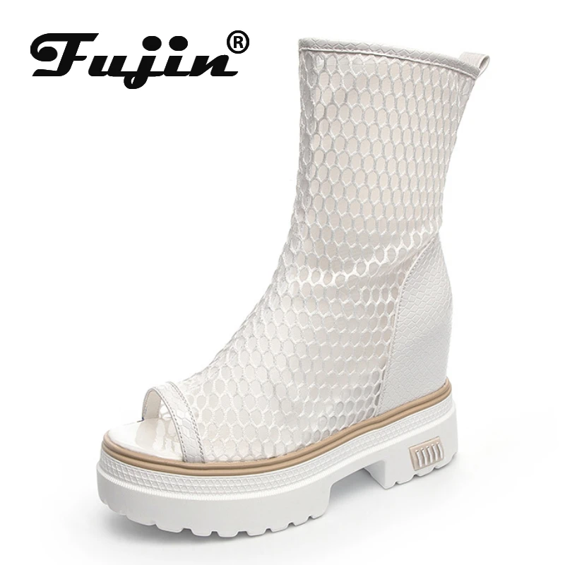 fujin-10cm-genuine-leather-air-mesh-women-summer-shoes-platform-boots-wedge-hidden-heel-peep-toe-open-ankle-boots-knee-high