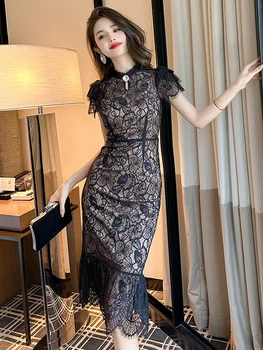 Elegant Chinese Style Qipao Dress Sexy Sheer Lace Hollow Wrap HIp Fishtail Robe Lady Party Cheongsam Runway Vestido Prom Clothes