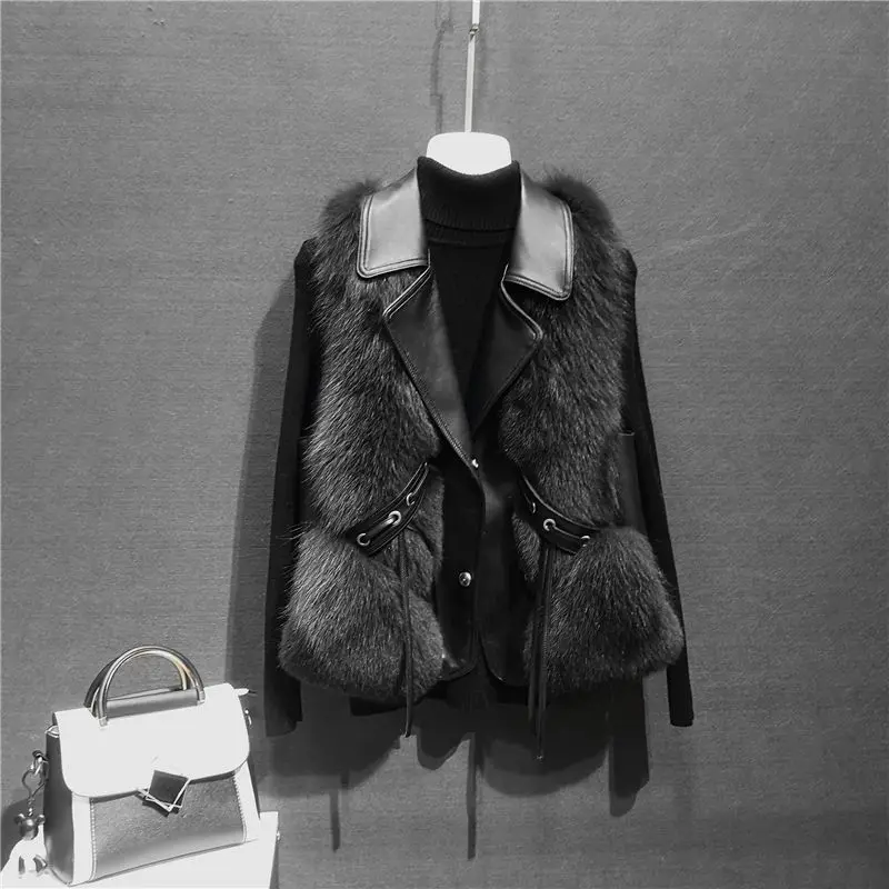 

2023 Women Autumn Winter New Imitation Fox Fur Vest Jacket Female Mid-Length Black Vests Grace Fashion Coat Tops Q448
