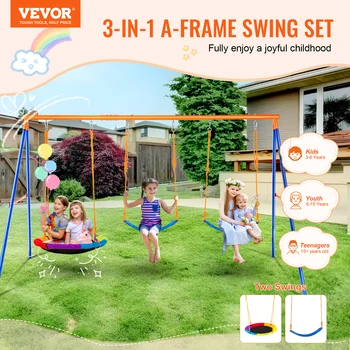 VEVOR Swing Sets for Backyard 600lbs Capacity Swing Set with 1 Saucer Swing Seat 2 Belt Swing Seats Swingset Outdoor for Kids 2